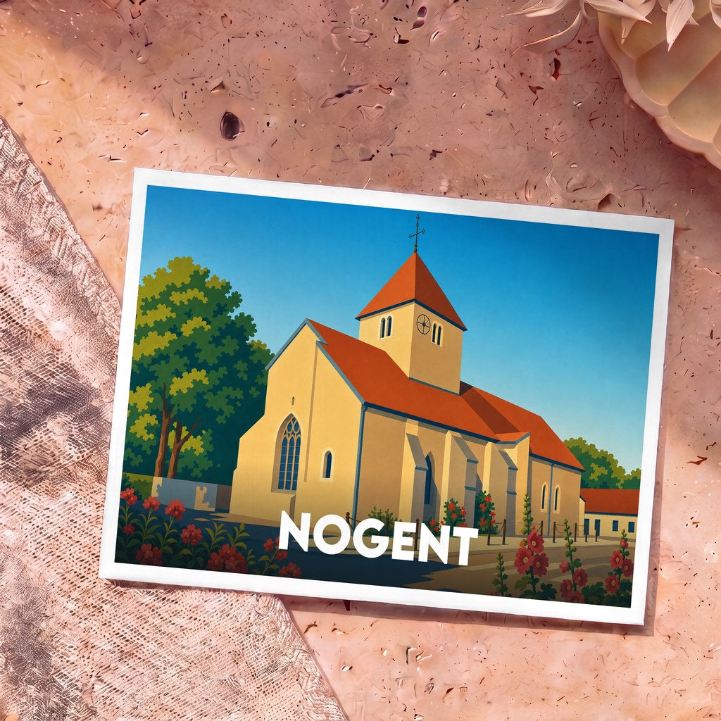 Carte postale souvenir de la ville de Nogent illustrant une église stylisée sous un ciel bleu.