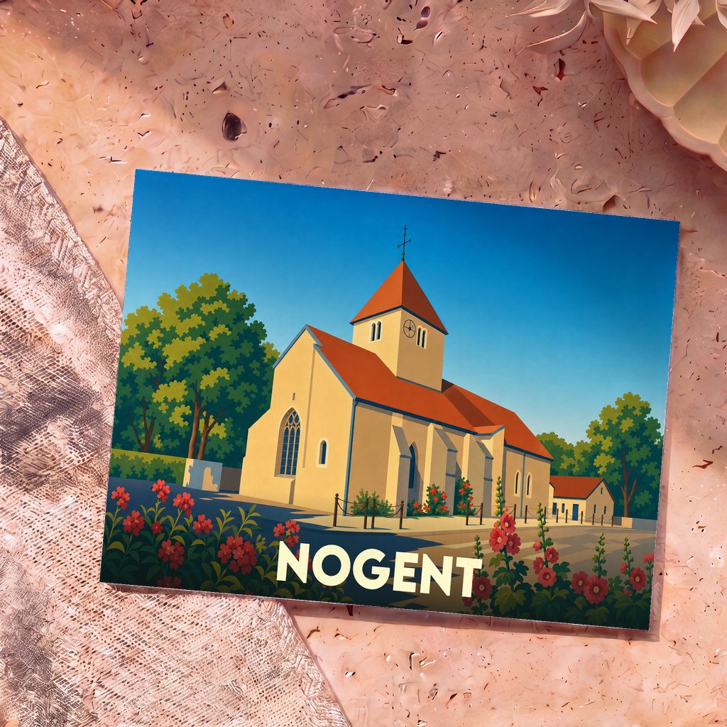 Carte postale souvenir de la ville de Nogent avec une illustration stylisée de son église et de fleurs colorées.