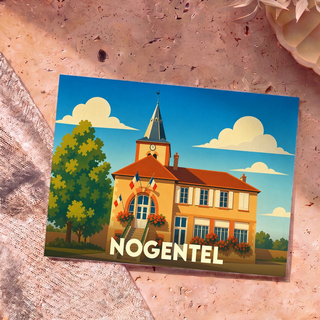 Carte postale souvenir de la ville de Nogentel avec une illustration stylisée de sa mairie.