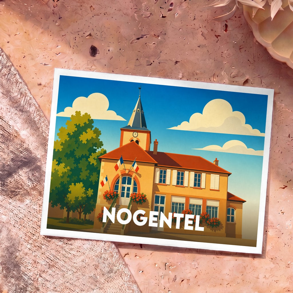Carte postale souvenir de la ville de Nogentel avec une illustration stylisée de sa mairie.