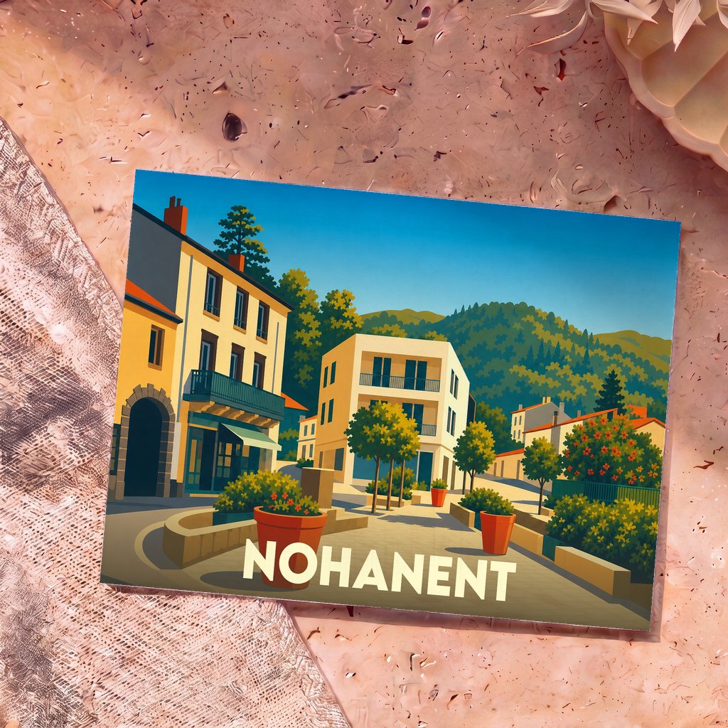 Carte postale souvenir de la ville de Nohanent avec une illustration stylisée et colorée de son centre-ville.