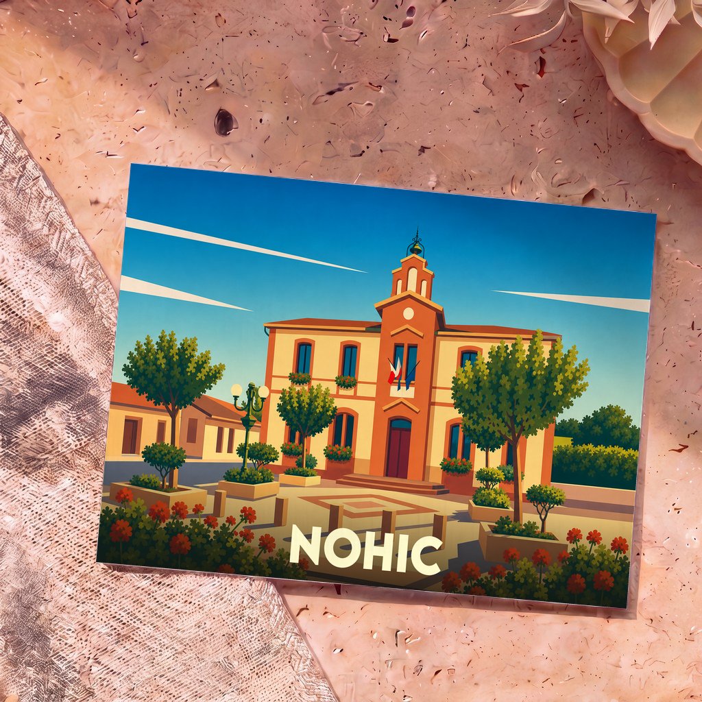 Carte postale souvenir de la ville de Nohic avec une illustration stylisée de la mairie.