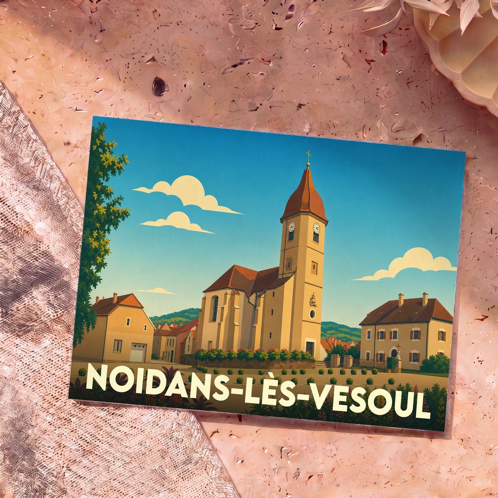 Carte postale souvenir de la ville de Noidans-lès-Vesoul avec une illustration stylisée de son église et de ses environs.