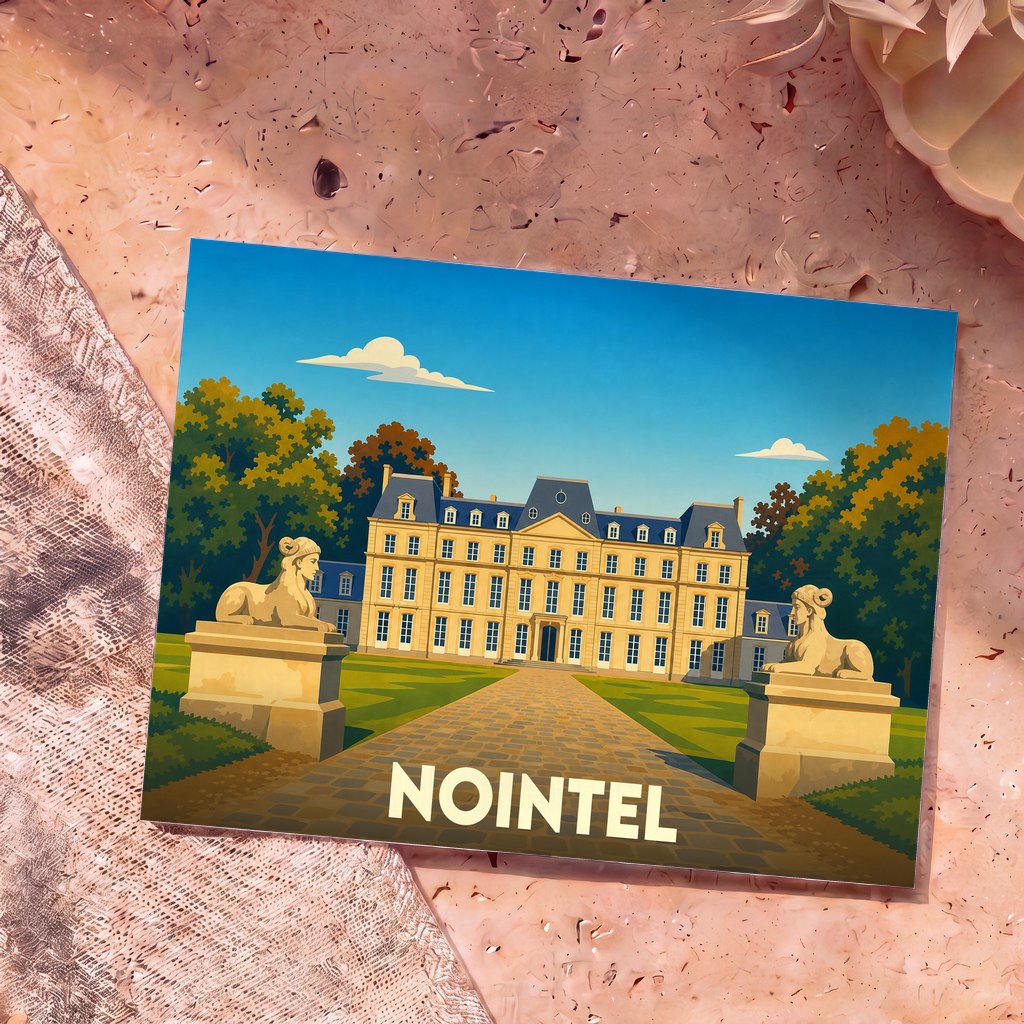 Carte postale souvenir de la ville de Nointel avec une illustration stylisée de son château.