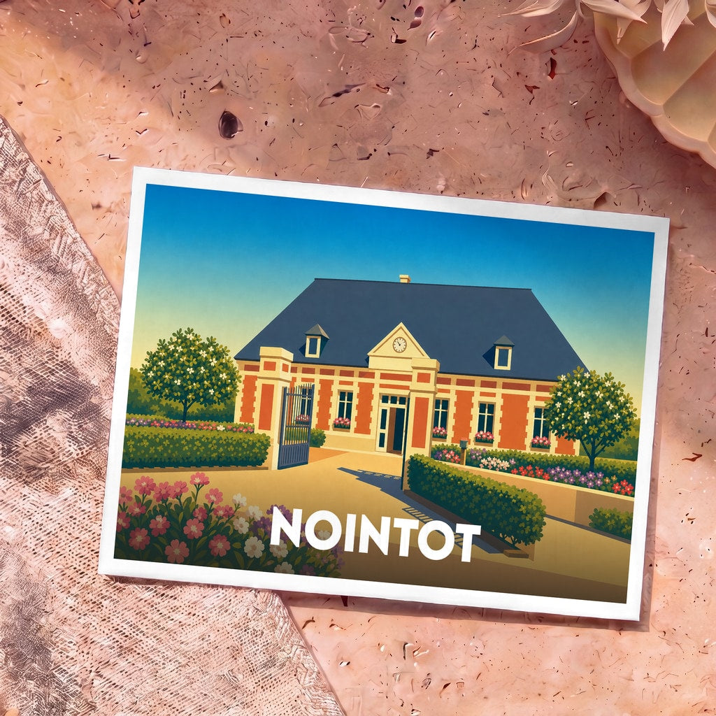 Carte postale souvenir de la ville de Nointot avec une illustration stylisée de sa mairie.