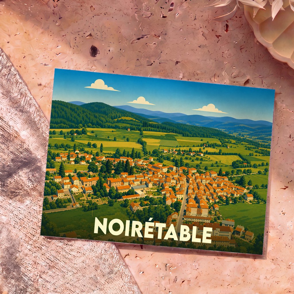Carte postale souvenir de la ville de Noirétable présentant une illustration stylisée de son paysage vallonné.