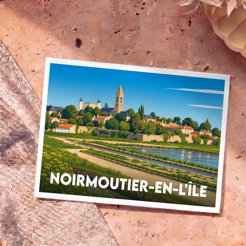 Carte postale souvenir de Noirmoutier-en-l'Île avec une illustration colorée et stylisée de la ville et de ses marais salants.