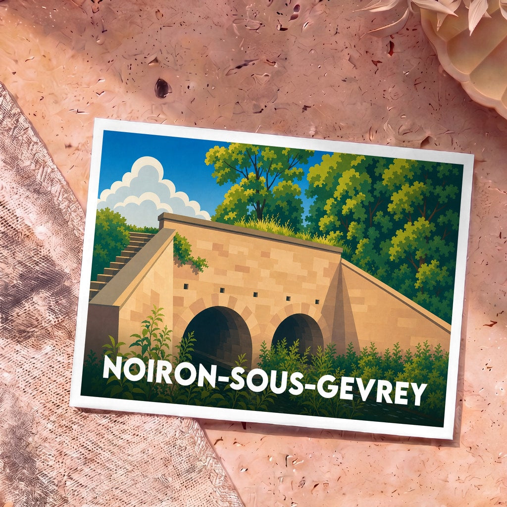 Carte postale souvenir de Noiron-sous-Gevrey illustrant un pont en pierre stylisé entouré de verdure.