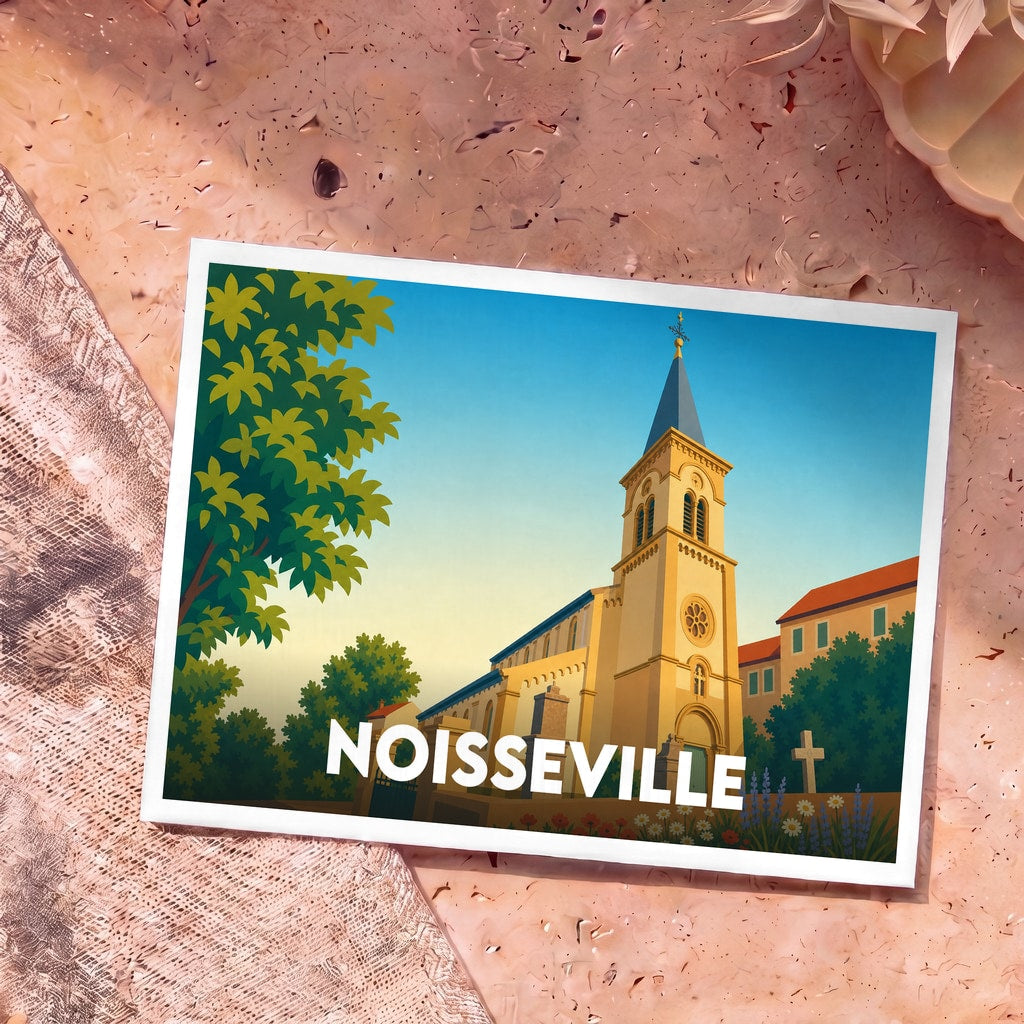 Carte postale souvenir de la ville de Noisseville avec une illustration stylisée de son église sous un ciel azur.