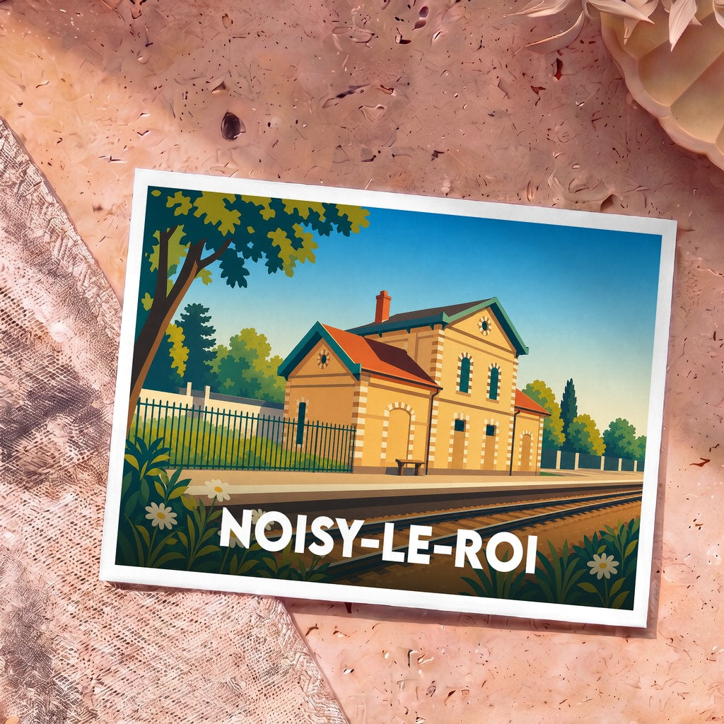 Carte postale souvenir de la ville de Noisy-le-Roi avec une illustration stylisée de sa gare ferroviaire.