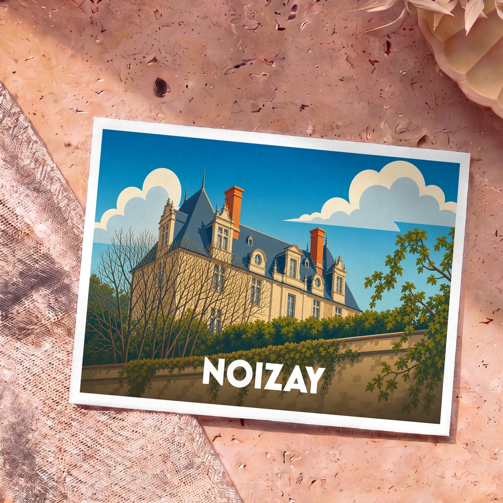 Carte postale souvenir de la ville de Noizay avec une illustration stylisée de son château.