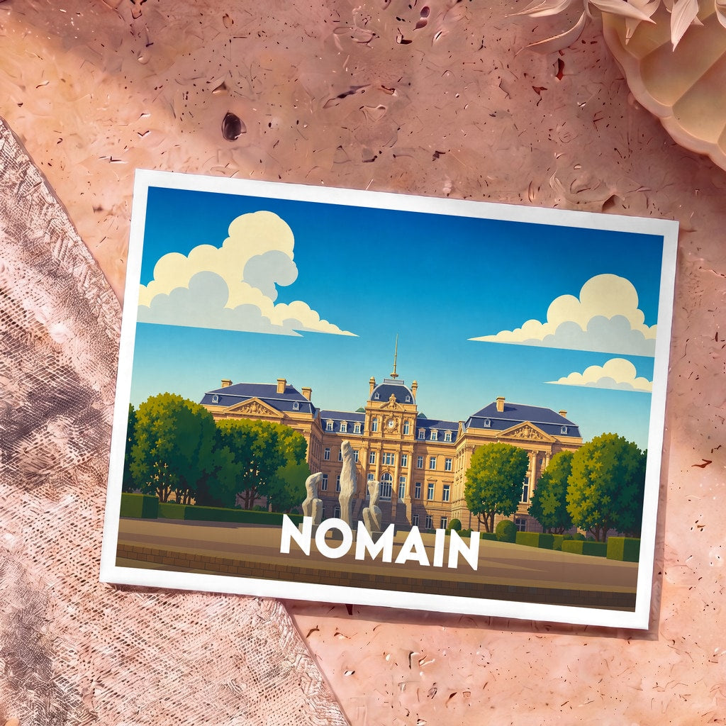 Carte postale souvenir de la ville de Nomain avec une illustration stylisée d'un palais et de son parc.