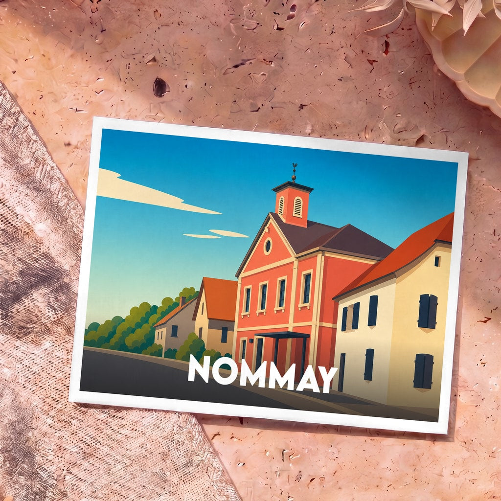 Carte postale souvenir de la ville de Nommay avec une illustration stylisée et colorée de ses bâtiments.