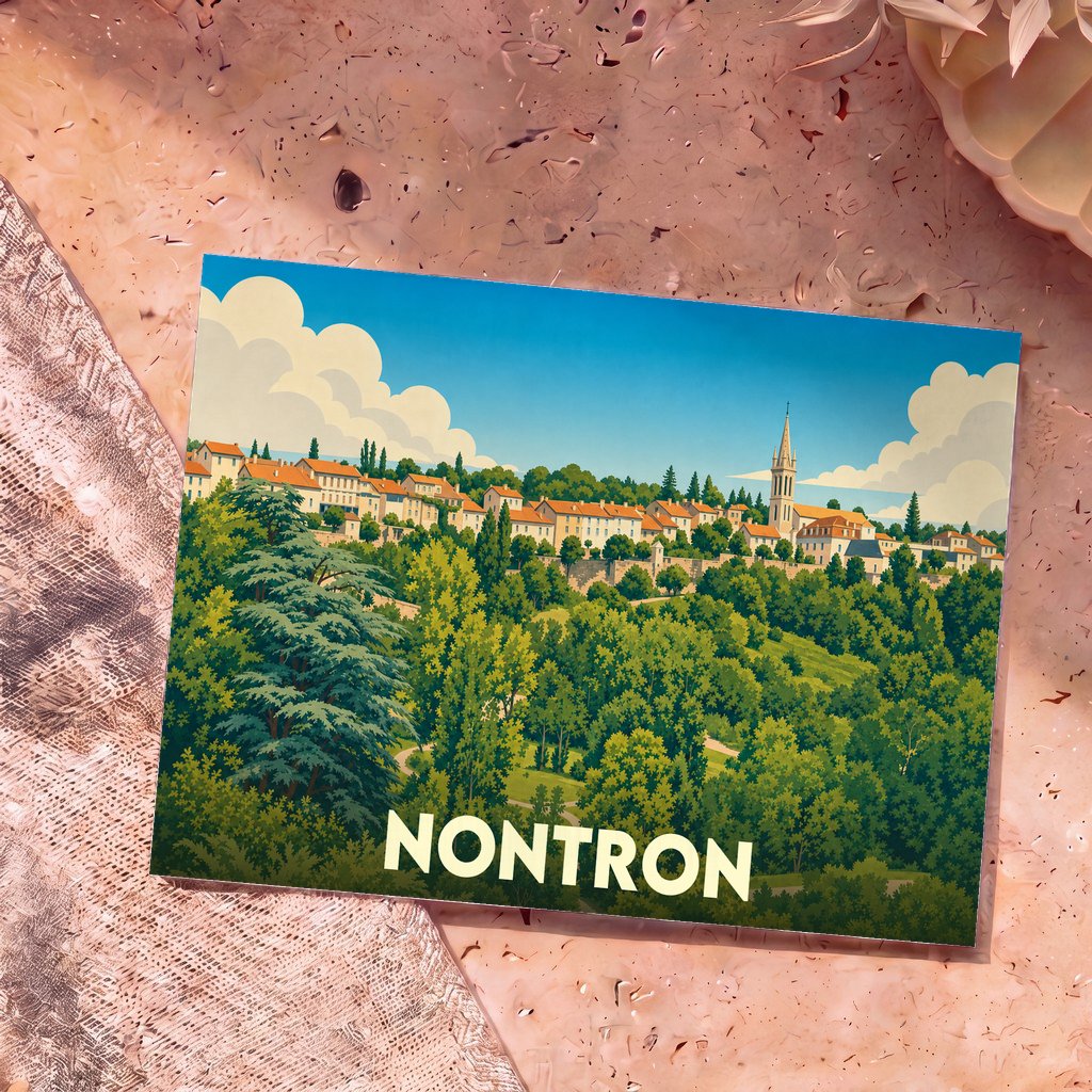 Carte postale souvenir de la ville de Nontron avec une illustration stylisée et colorée de ses paysages verdoyants.