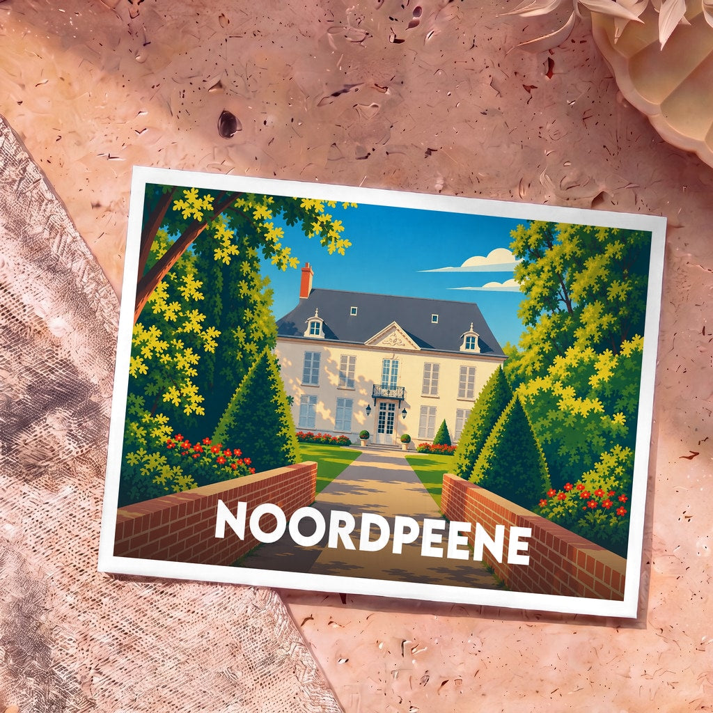 Carte postale souvenir de la ville de Noordpeene avec une illustration stylisée d'une grande demeure bourgeoise.