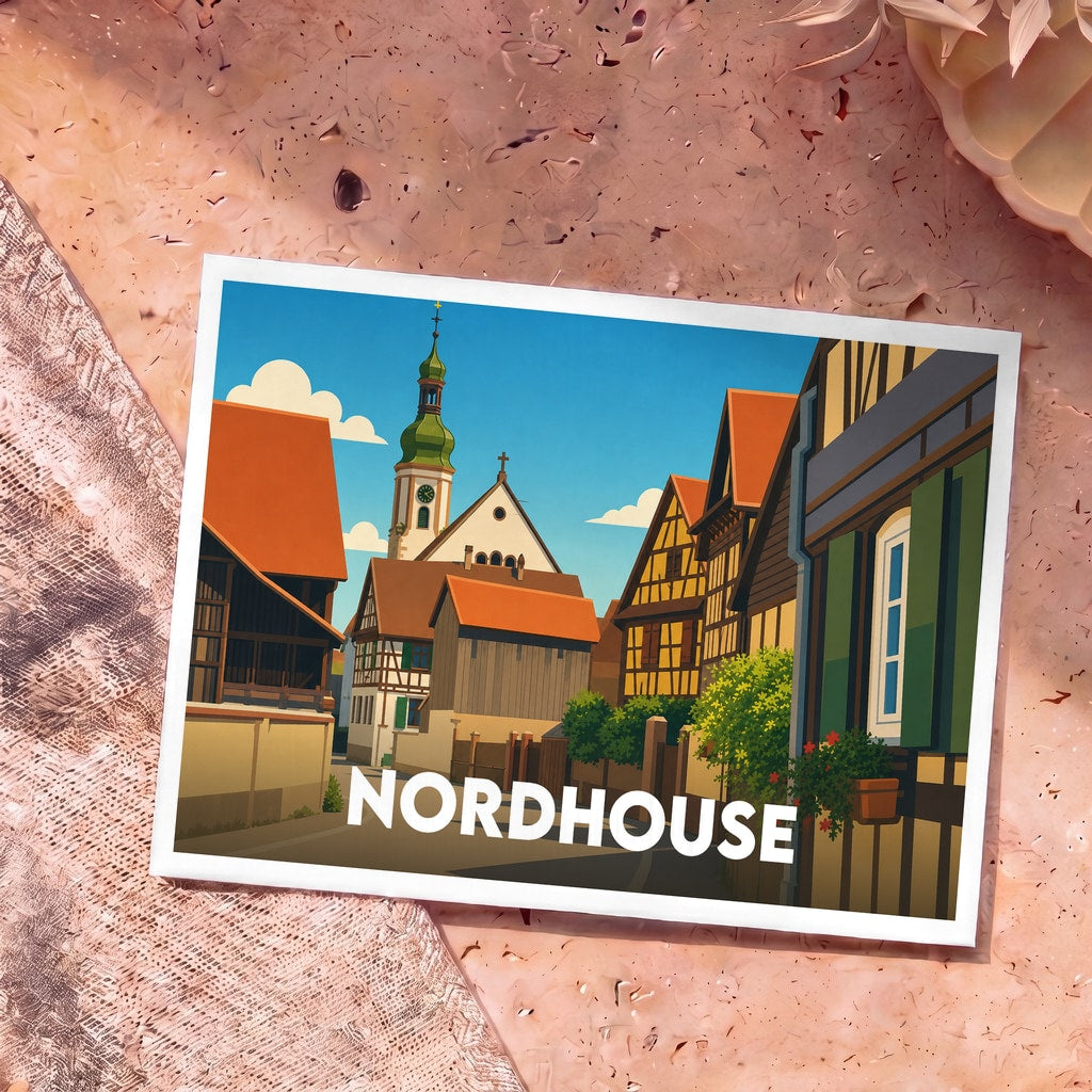 Carte postale souvenir de la ville de Nordhouse avec une illustration stylisée de ses maisons à colombages et de son église.