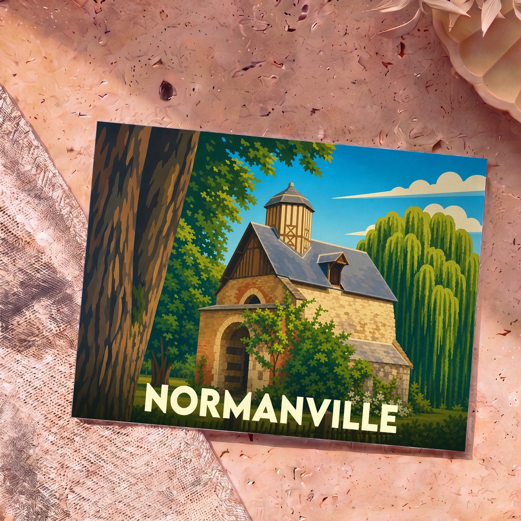 Carte postale souvenir de la ville de Normanville illustrée par un dessin stylisé de bâtiment historique entouré de verdure.