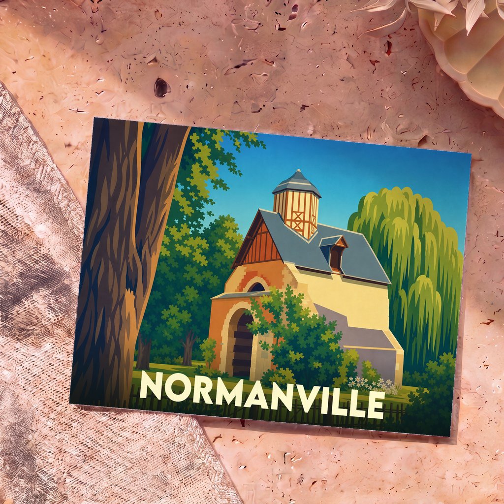 Carte postale souvenir de la ville de Normanville avec une illustration stylisée d'un bâtiment historique.