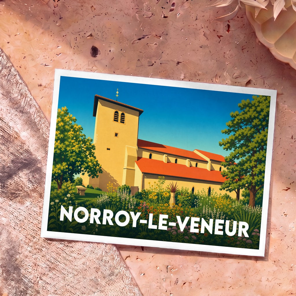 Carte postale souvenir de la ville de Norroy-le-Veneur avec une illustration stylisée de son église et de son jardin fleuri.