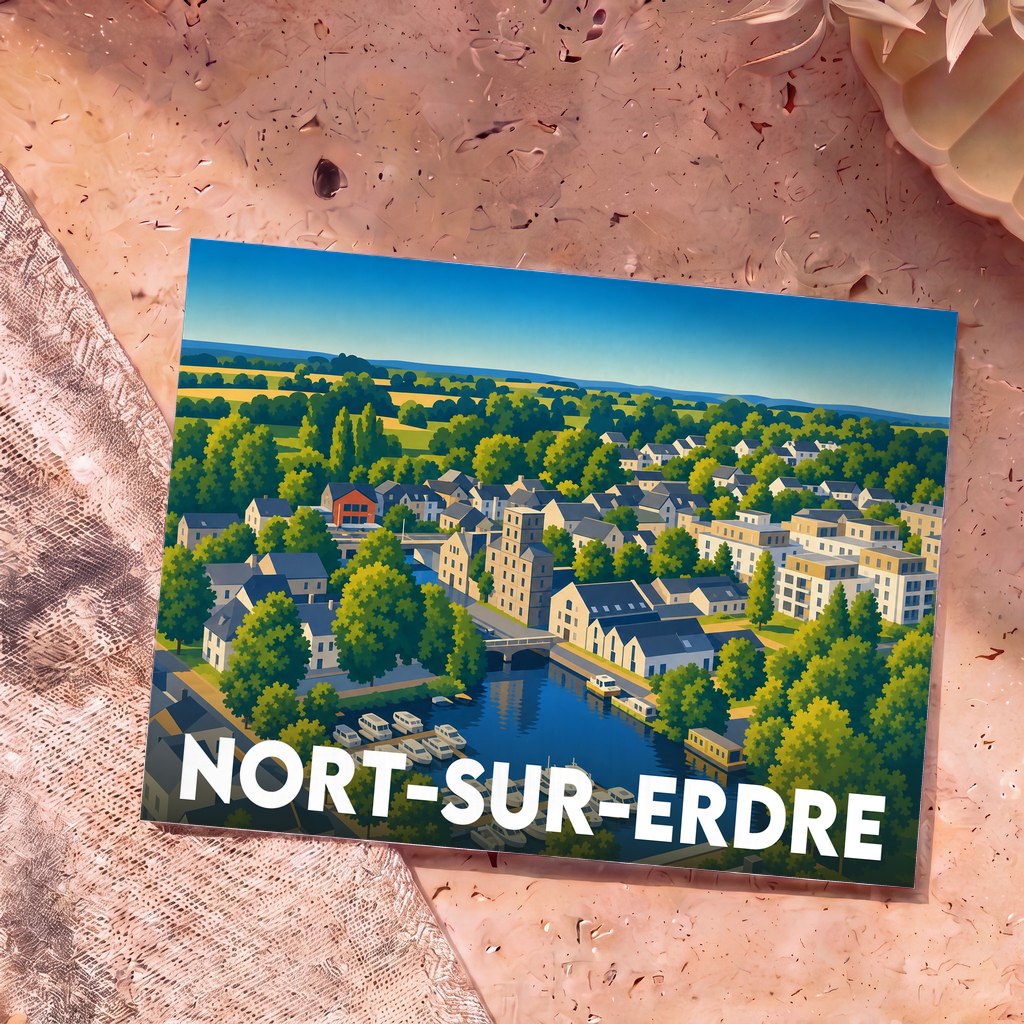 Carte postale souvenir de la ville de Nort-sur-Erdre avec une illustration stylisée et colorée de son port et ses habitations.