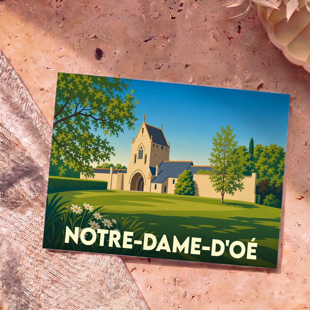 Carte postale souvenir de la ville de Notre-Dame-d'Oé avec une illustration stylisée de son église dans un paysage verdoyant.