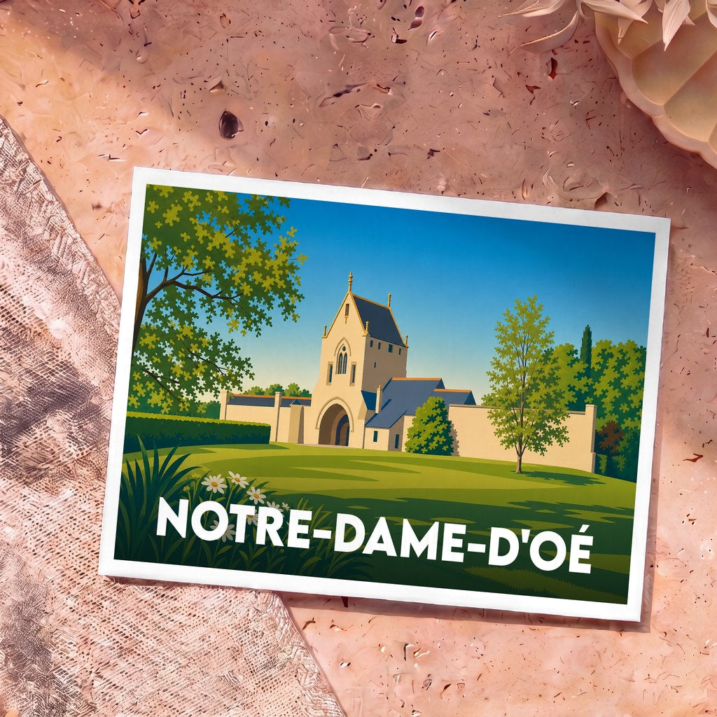 Carte postale souvenir de la ville de Notre-Dame-d'Oé avec une illustration stylisée de son église dans un paysage verdoyant.