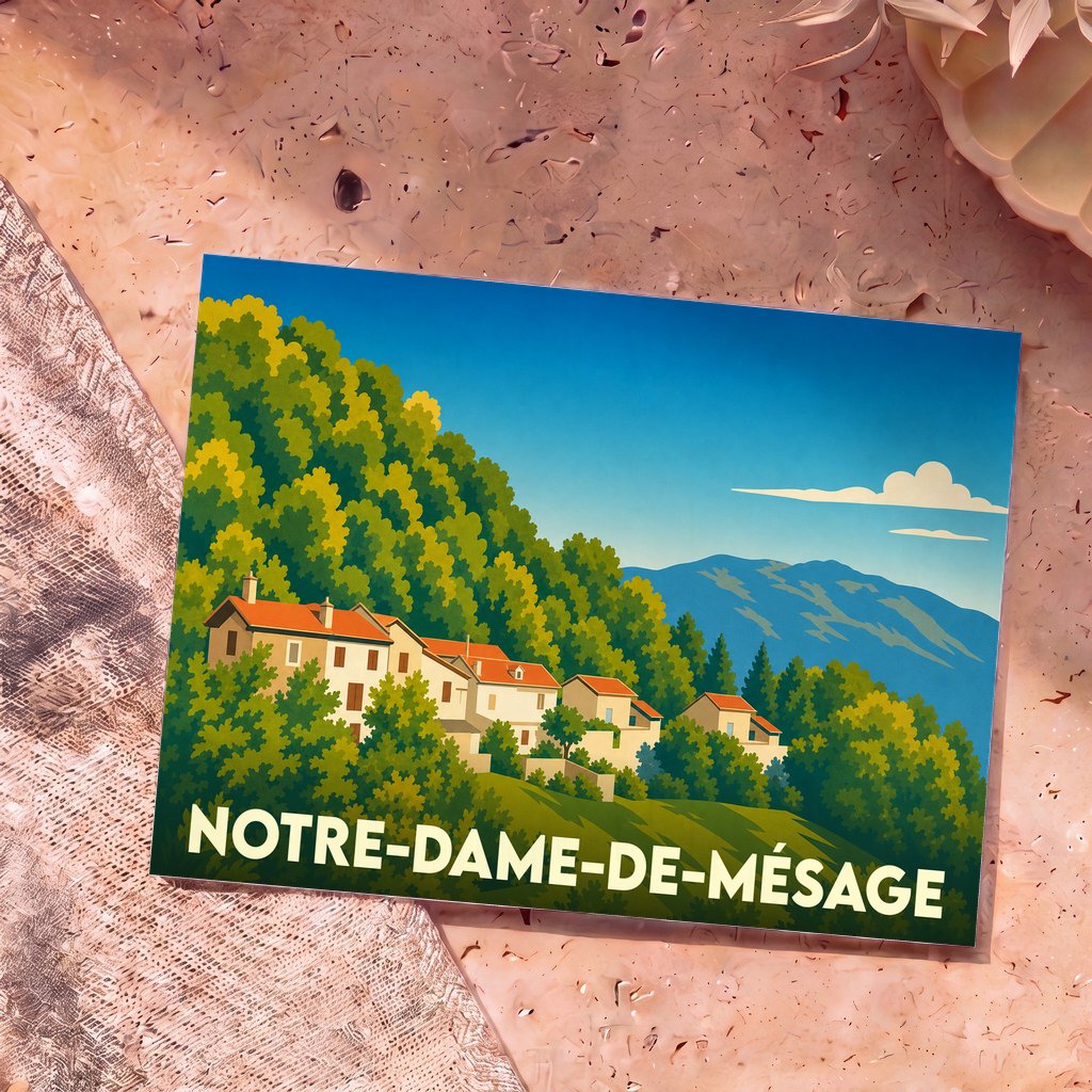 Carte postale souvenir de la ville de Notre-Dame-de-Mésage avec une illustration stylisée de son paysage vallonné.
