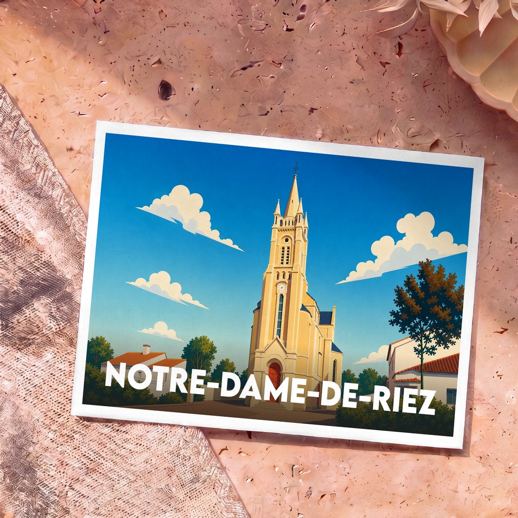 Carte postale souvenir de la ville de Notre-Dame-de-Riez avec une illustration stylisée de son église.