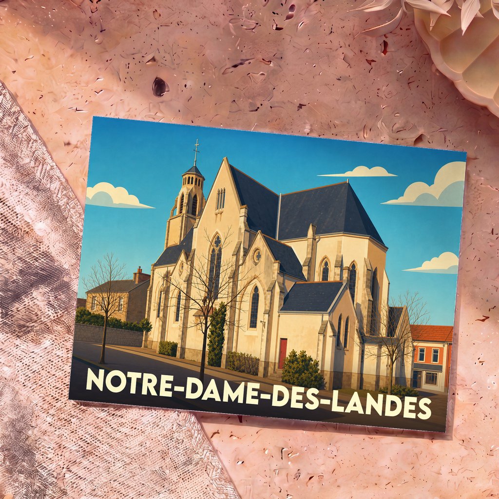 Carte postale souvenir de la ville de Notre-Dame-des-Landes avec une illustration stylisée de son église.