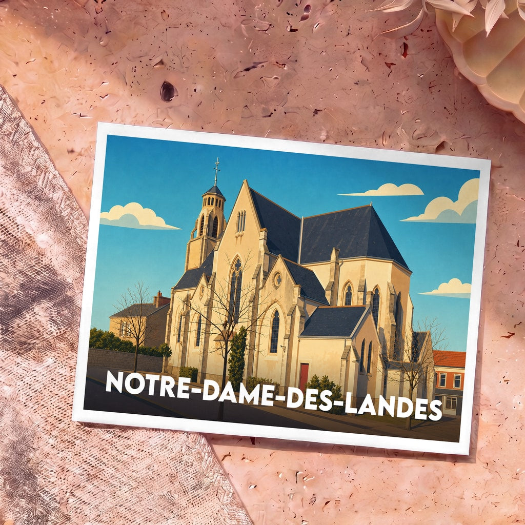 Carte postale souvenir de la ville de Notre-Dame-des-Landes avec une illustration stylisée de son église.