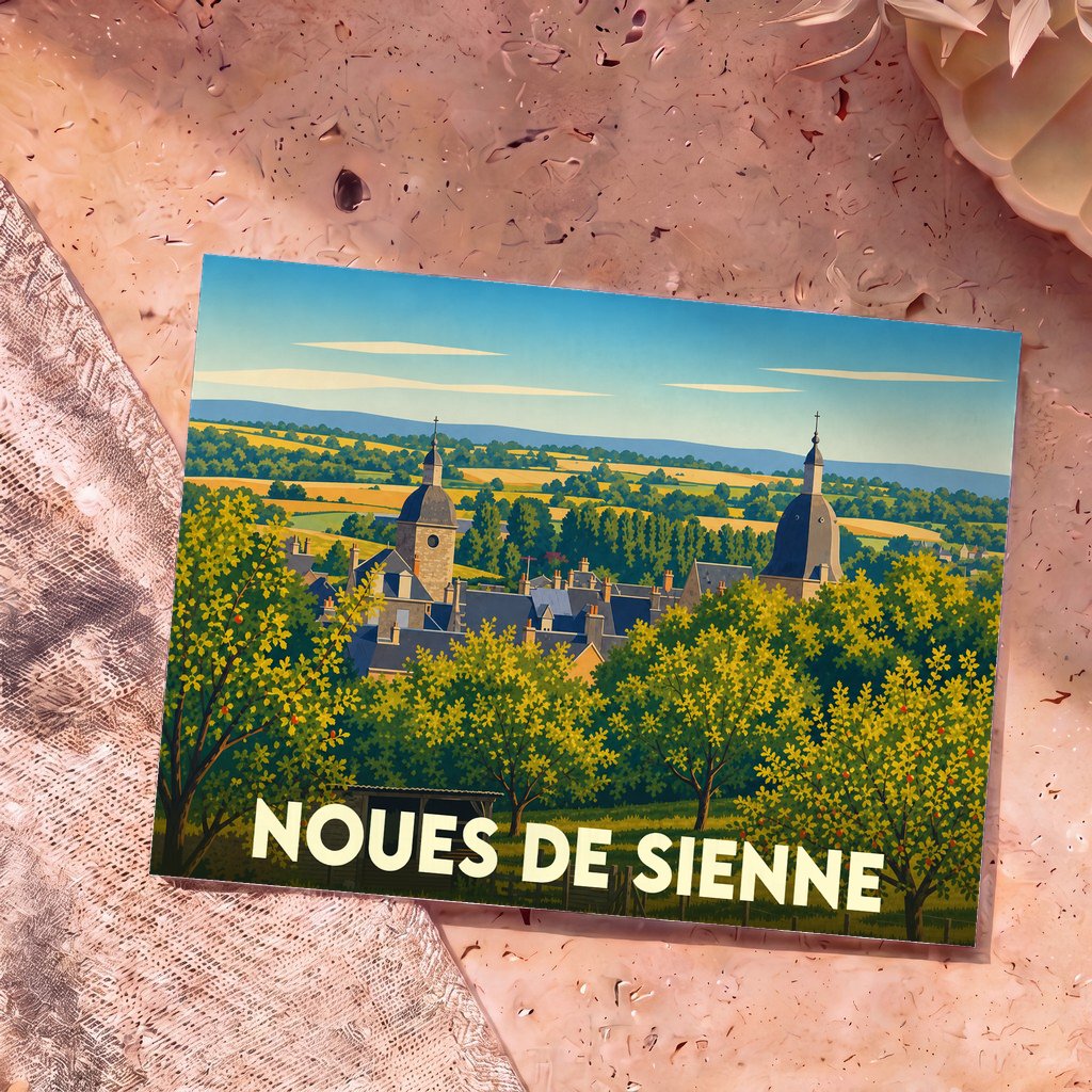 Carte postale souvenir de la ville de Noues de Sienne avec une illustration stylisée de son paysage rural.