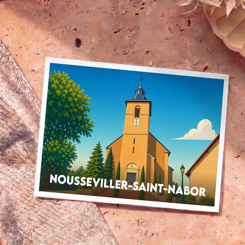 Carte postale souvenir de la ville de Nousseviller-Saint-Nabor avec une illustration stylisée de son église.