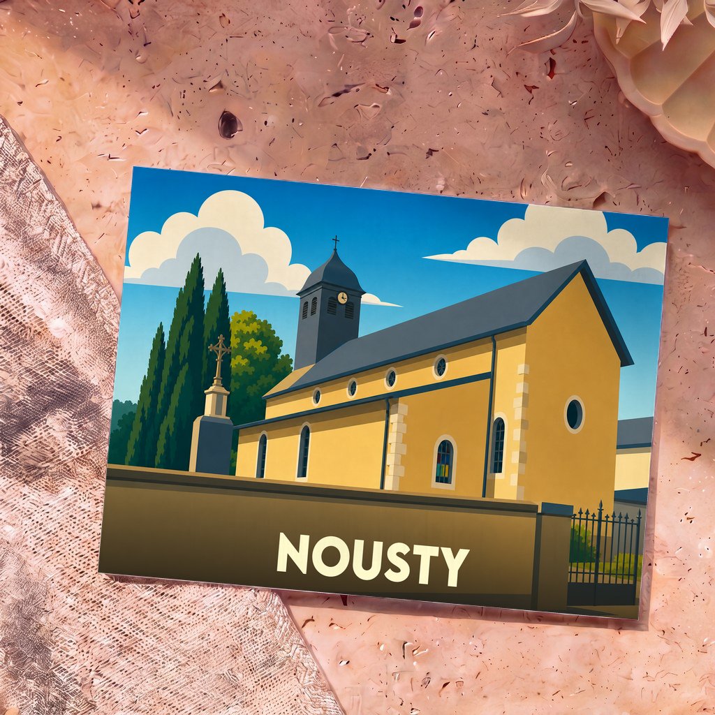 Carte postale souvenir de la ville de Nousty avec une illustration stylisée de son église.