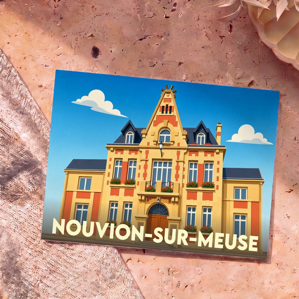 Carte postale souvenir de la ville de Nouvion-sur-Meuse avec une illustration stylisée de son hôtel de ville.