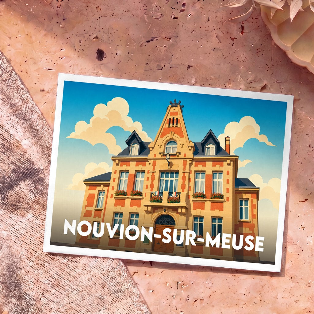 Carte postale souvenir de la ville de Nouvion-sur-Meuse avec une illustration stylisée de son hôtel de ville.