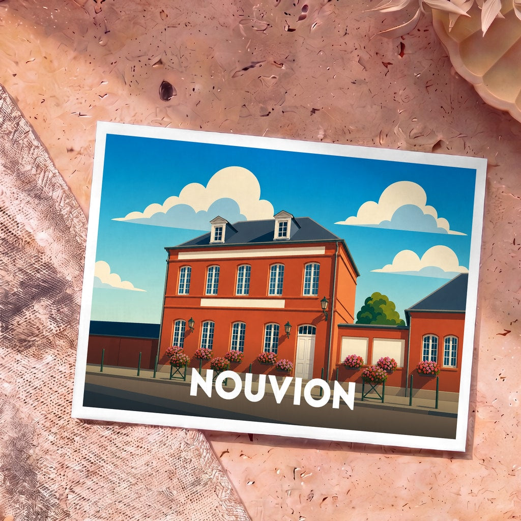 Carte postale souvenir de la ville de Nouvion avec une illustration stylisée d'un bâtiment rouge typique sous un ciel bleu.