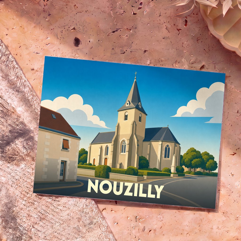 Carte postale souvenir de la ville de Nouzilly avec une illustration stylisée de son église sous un ciel bleu.