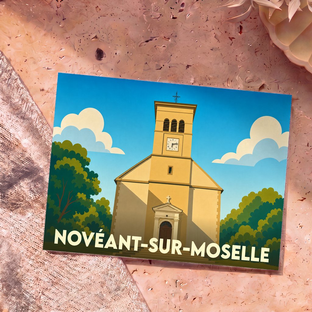 Carte postale souvenir de la ville de Novéant-sur-Moselle avec une illustration stylisée de son église sous un ciel bleu.