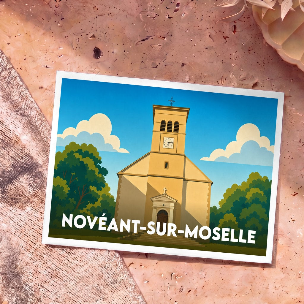 Carte postale souvenir de la ville de Novéant-sur-Moselle avec une illustration stylisée de son église sous un ciel bleu.