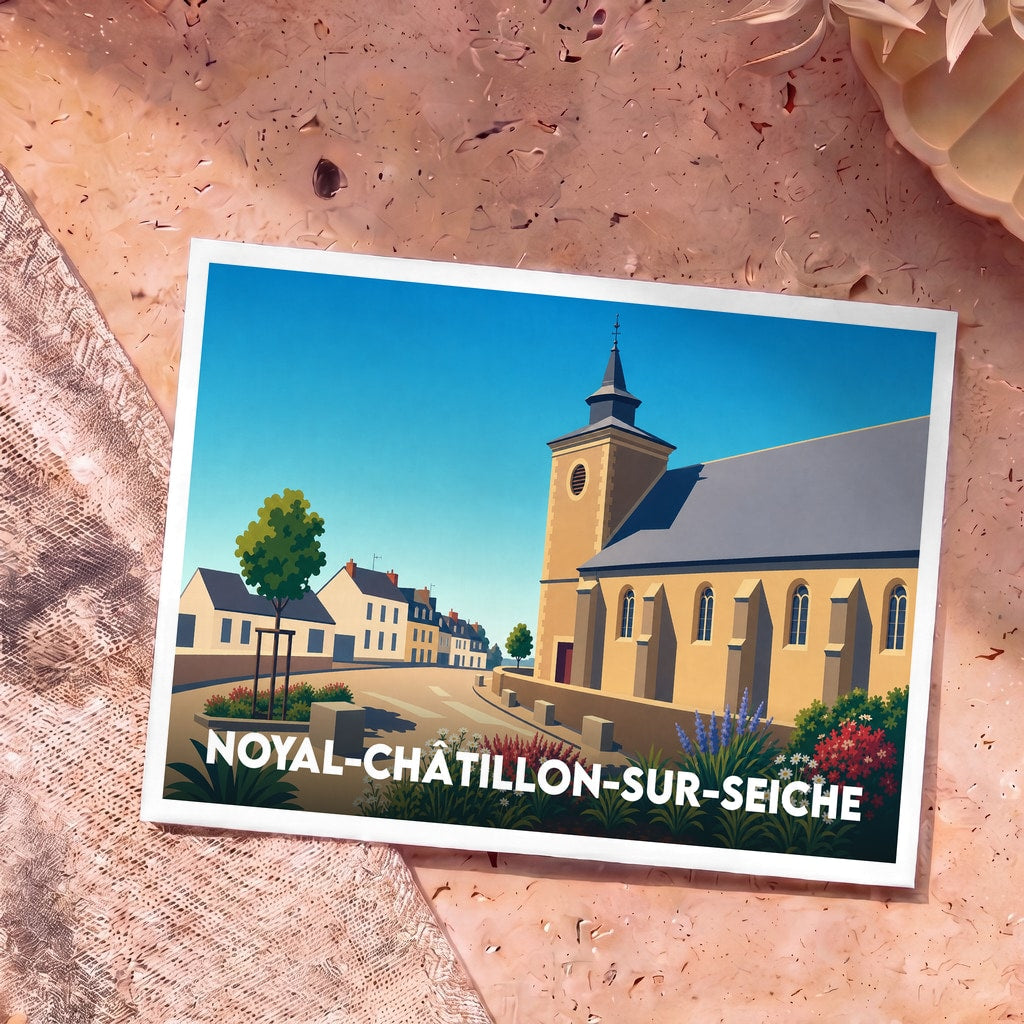 Carte postale souvenir de la ville de Noyal-Châtillon-sur-Seiche avec une illustration stylisée de son église et de ses rues.