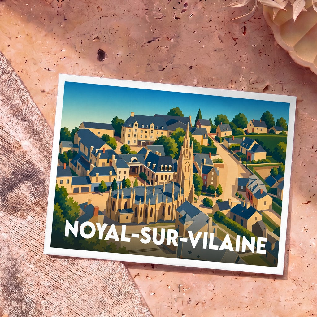 Carte postale souvenir de la ville de Noyal-sur-Vilaine avec une illustration stylisée et colorée de son centre historique.