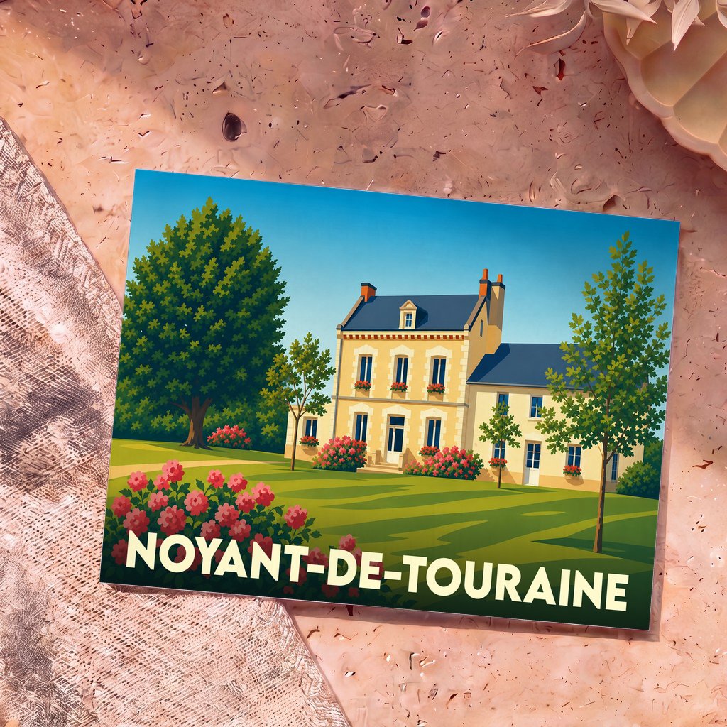 Carte postale souvenir de Noyant-de-Touraine illustrant une élégante maison de maître entourée d'un jardin fleuri.