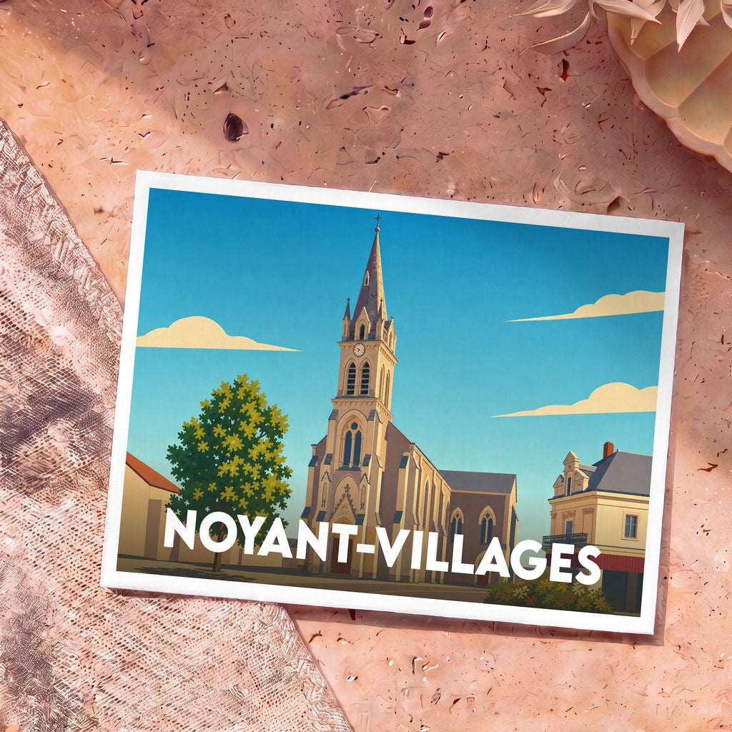Carte postale souvenir de la commune de Noyant-Villages avec une illustration stylisée de son église.