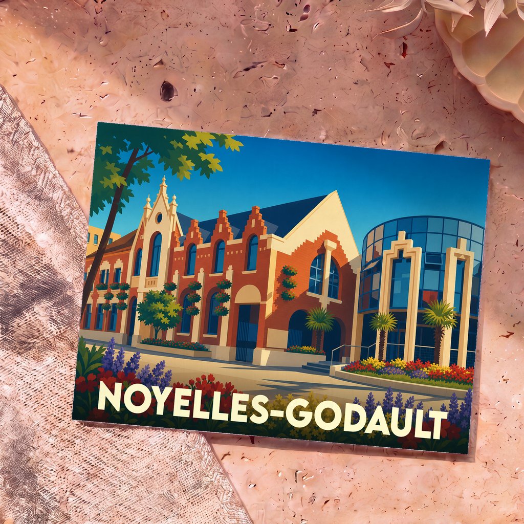 Carte postale souvenir de la ville de Noyelles-Godault avec une illustration stylisée de son architecture.