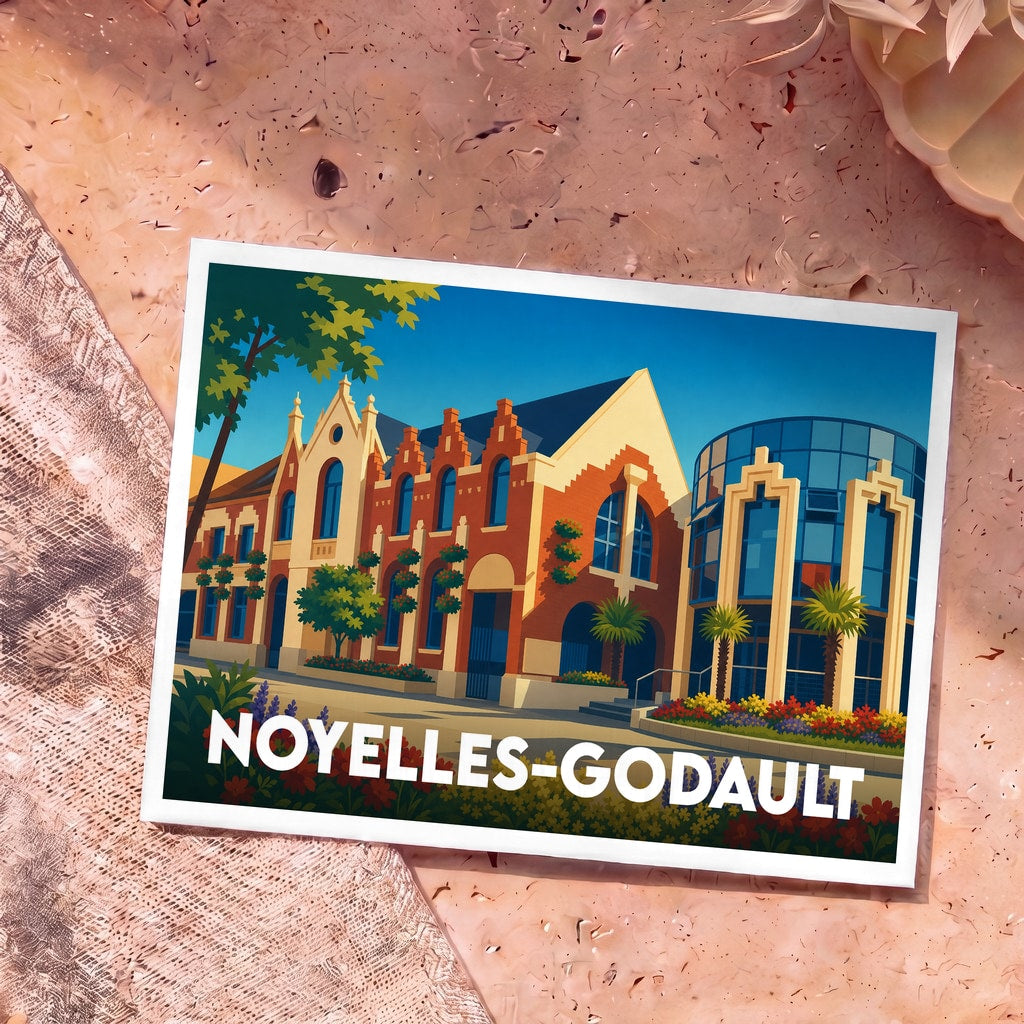Carte postale souvenir de la ville de Noyelles-Godault avec une illustration stylisée de son architecture.