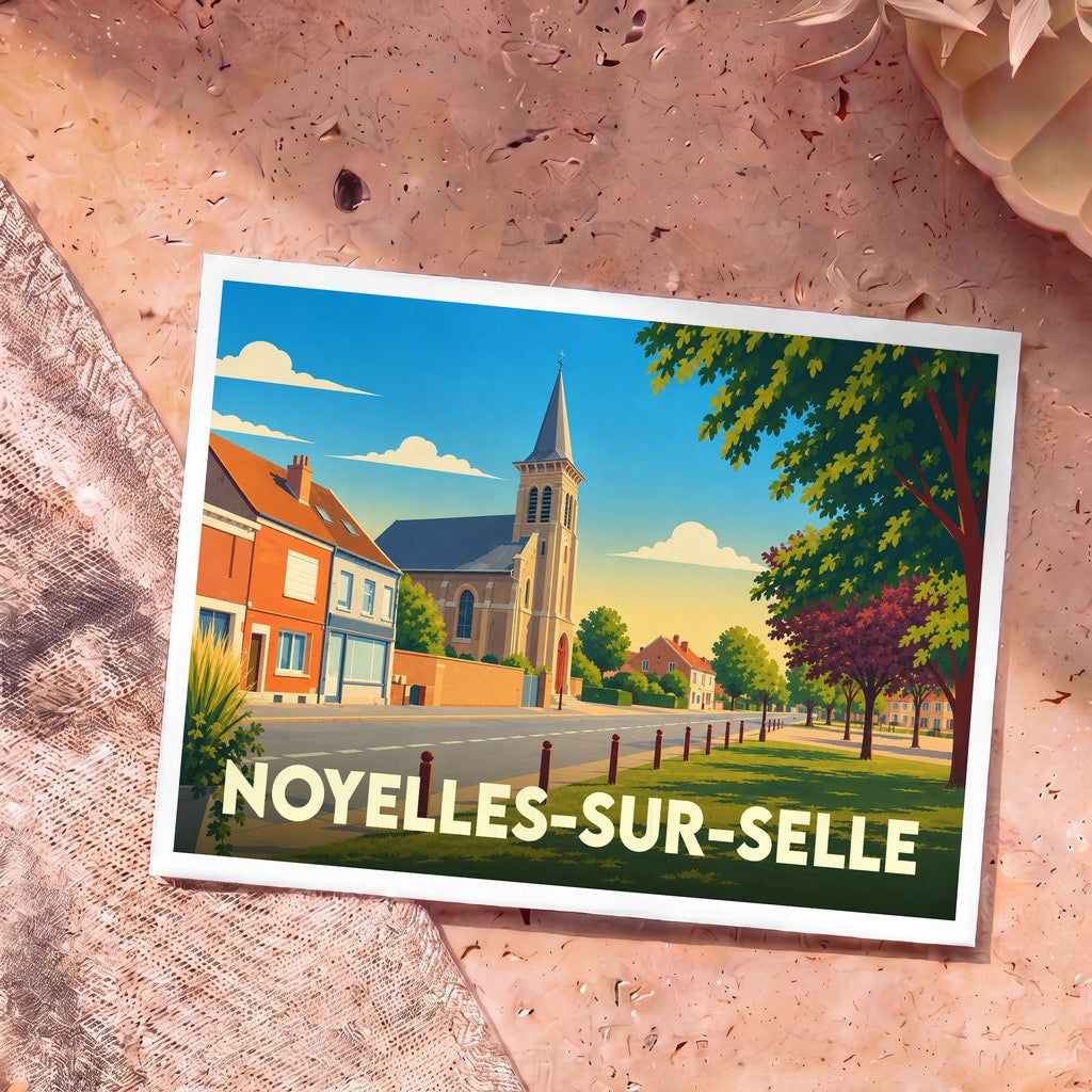 Carte postale souvenir de la ville de Noyelles-sur-Selle avec une illustration stylisée.