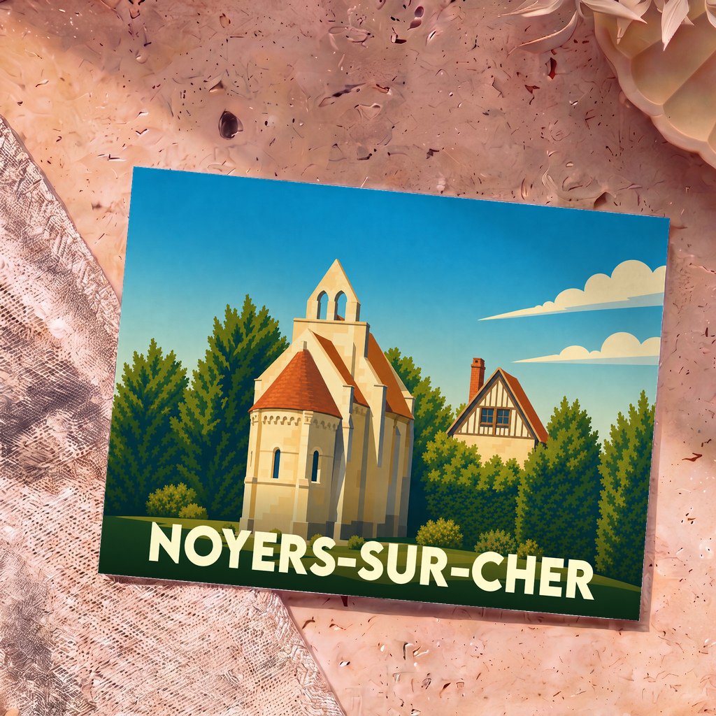 Carte postale souvenir de la ville de Noyers-sur-Cher avec une illustration stylisée.