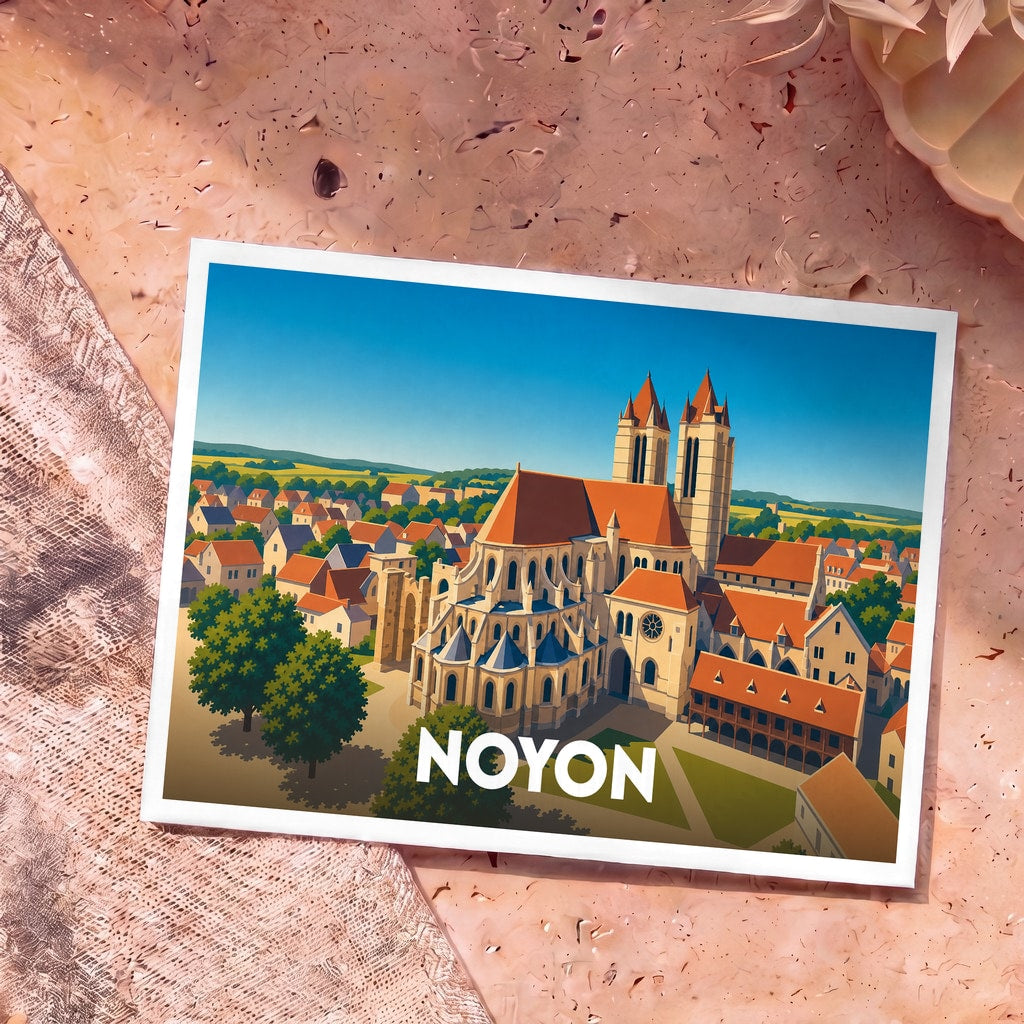 Carte postale souvenir de la ville de Noyon avec une illustration stylisée de sa cathédrale.