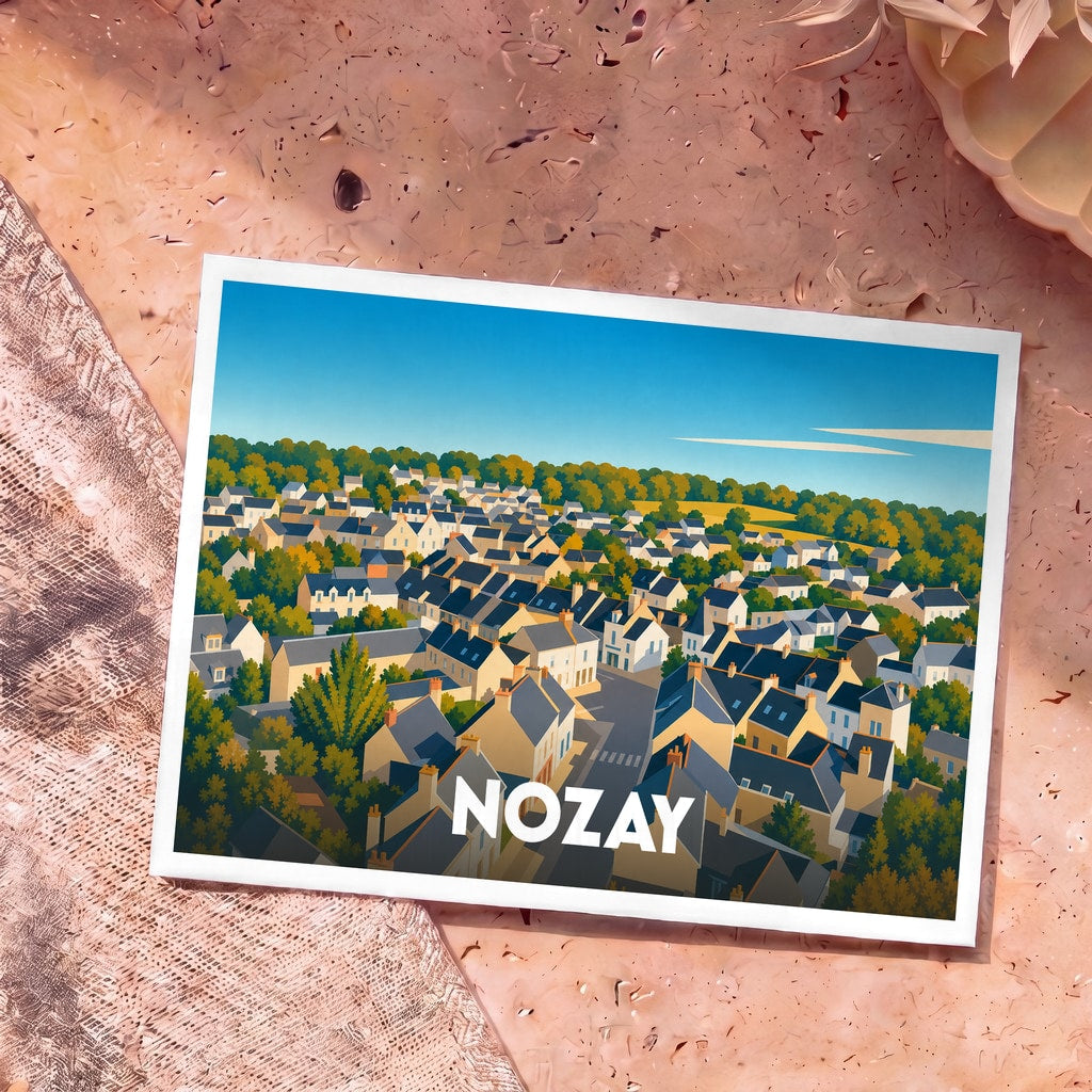 Carte postale souvenir de la ville de Nozay avec une illustration stylisée et colorée vue du ciel.