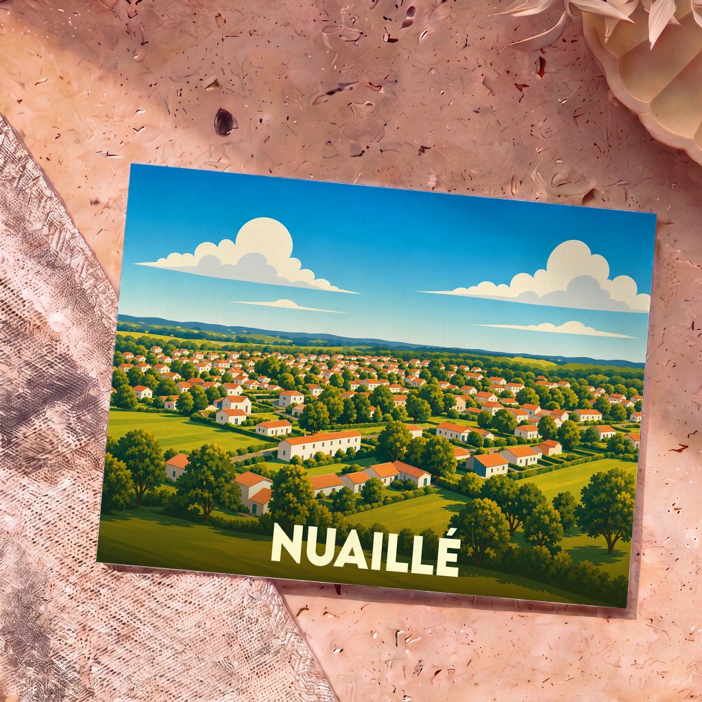 Carte postale souvenir de la ville de Nuaillé illustrée d'un paysage verdoyant et de maisons aux toits rouges sous un ciel bleu.